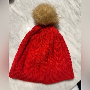 J. Crew Vibrant Red Cable Knit Beanie with Pom-Pom